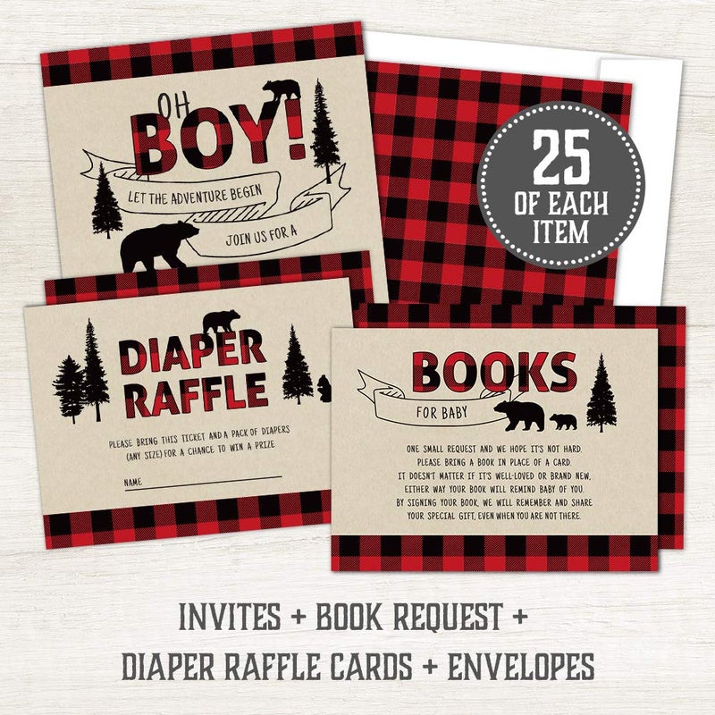 Hat Acrobat Set of 25 Lumberjack Baby Shower Invitations - Rustic Baby Shower Invitations for Boy, Buffalo Plaid Baby Shower Decorations - Oh Boy Baby Shower Invitations with Diaper Raffle Cards, Envelopes - Image 4